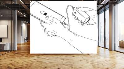 The man has the phone and the charger in his hands. outline vector illustration, powerbank and smartphone in hand sketch drawing, clip art of a power saving device  Wall mural